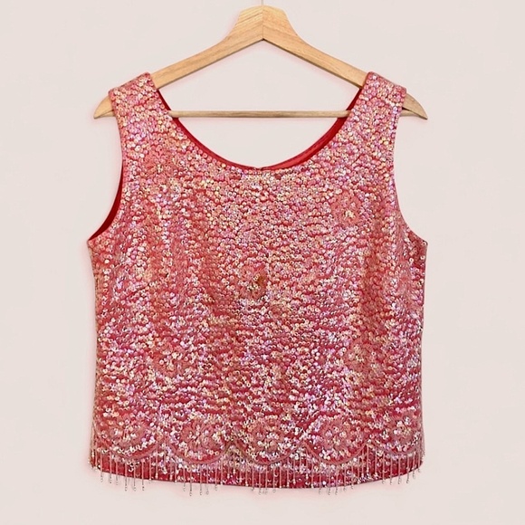 Vintage 60s JERI-JO Sequin Beaded Embellished Sleeveless Knit Top Pink Boxy Fit - Picture 1 of 6